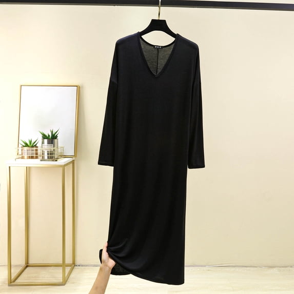 Yijfswar Nightgowns for Women 3/4Sleeve V Neck Long Sleepshirts Casual Sleepwear Loose Sleep Dress