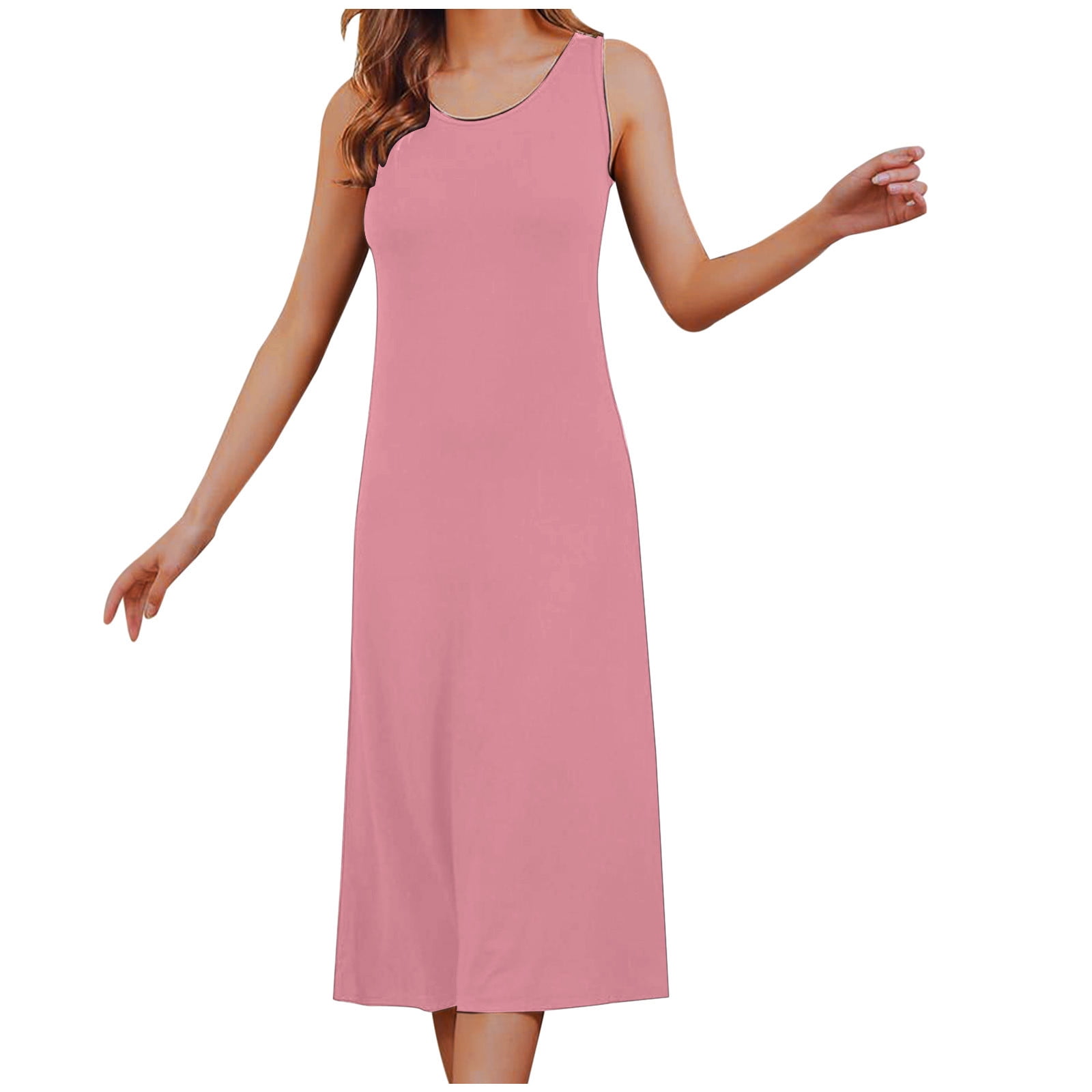 Nightgowns for Women Built in Bra Sleeveless Midi Pajama Dress Sleepwear  Lounge Long Dresses Solid Color Homewear (Large, Pink) 