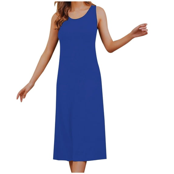 Nightgowns for Women Built in Bra Sleeveless Midi Pajama Dress Sleepwear Lounge Long Dresses Solid Color Homewear (X-Large, Blue)