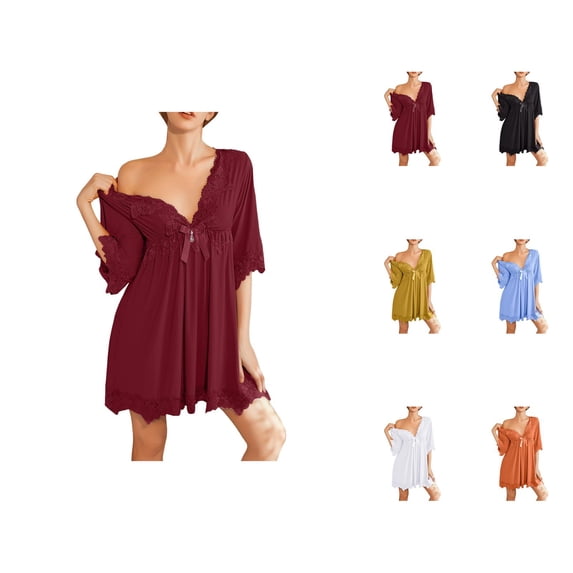 Nightgowns for Women Elbow Sleeve Lace V Neck Bow Center Ruffle Flowy Silky Pajama Dress Sleepwear