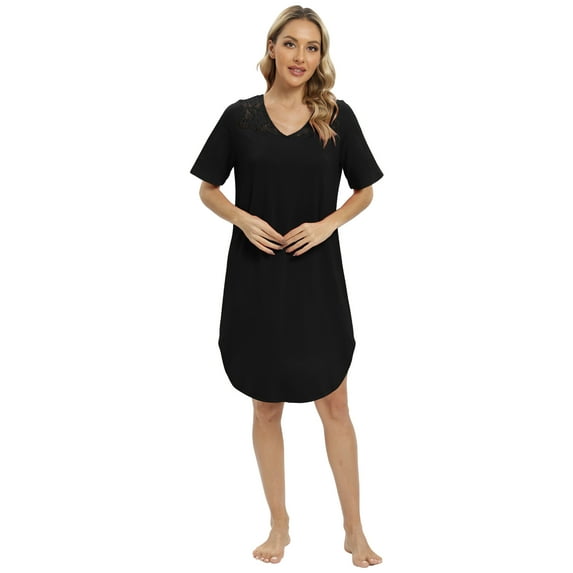 Nightgowns for Women Lace V Neck Sleepshirts Short Sleeve Sleepwear Soft Flare Nightdress