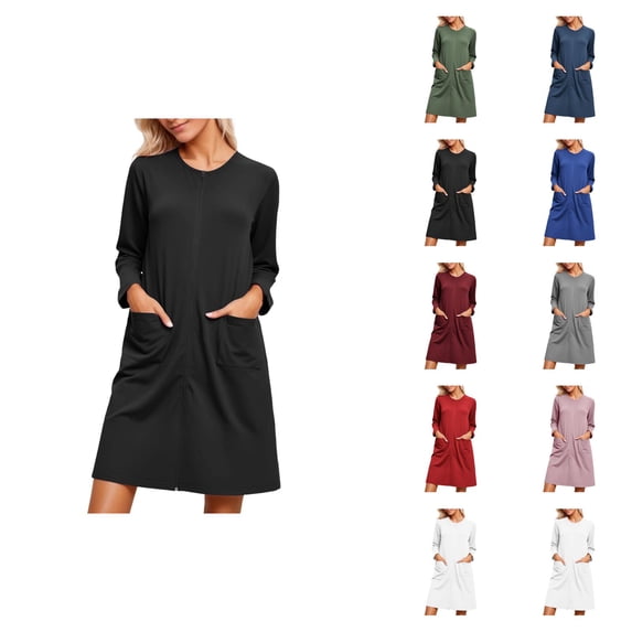 Nightgowns for Women Long Sleeve Crewneck Zip Up Sleep Dress with Pockets Pajama Dress Sleepwear