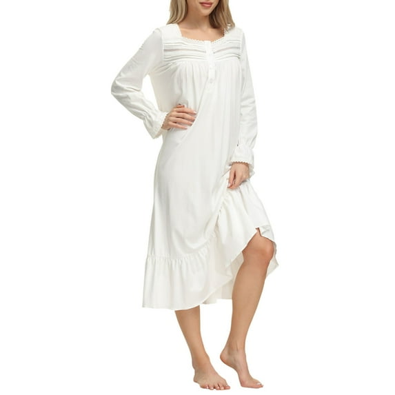 Nightgowns for Women Owns Long Sleeve Button Full Long Pajama With Pockets S 2Xl Night Shirts Sleepwear Soft Comfy White XL