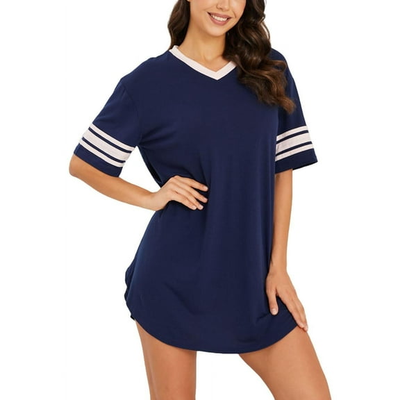 Nightgowns for Women, PUTUO Womens Nightgown, Loose Casual Short Sleeve V Neck Sleepwear Color Block Sleep Shirt