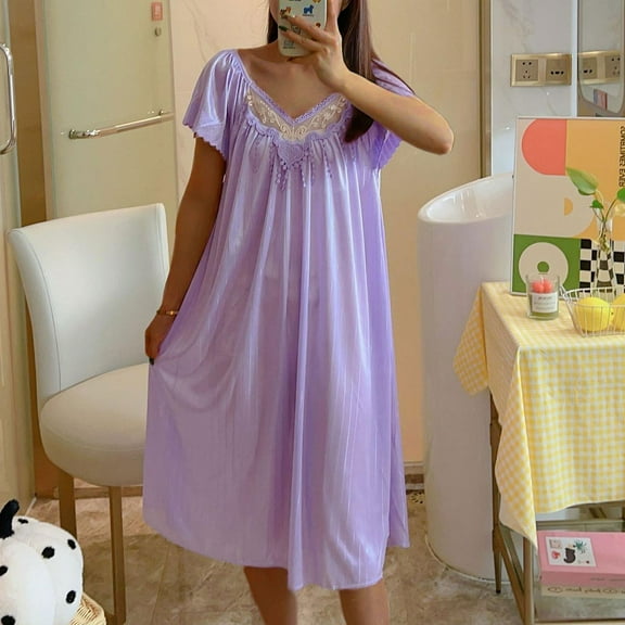 Nightgowns for Women Pleated Sleep Shirts Short Sleeve Night Shirts Lace Trim Night Gown Ladies Sleep Dress Purple Free Size