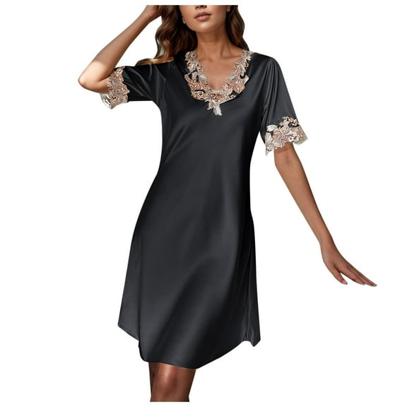 Nightgowns for Women Satin Chemise Nightie Slips Sleep Plus Size Dresses for Women,Black,M