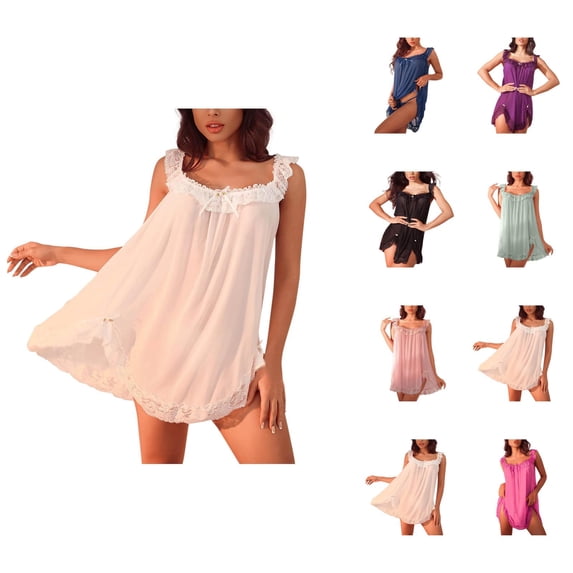 Nightgowns for Women Sheer Mesh Sleeveless Lace Sweetheart Neck Ruffle Flowy Cami Dress Lounge Dress Nightwear