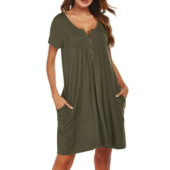 Nightgowns for Women Short Sleeve House Dress with Pockets Floral Print Dress Military Green M