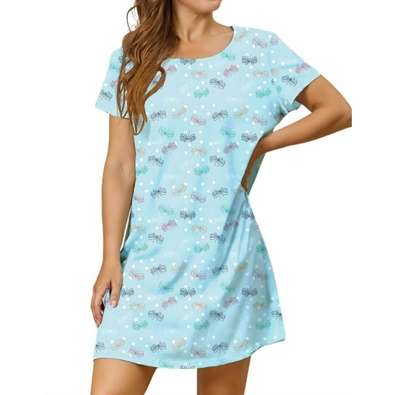 Nightgowns for Women Short Sleeve Night Shirts Print Sleep Sleepwear Blue Butterfly S
