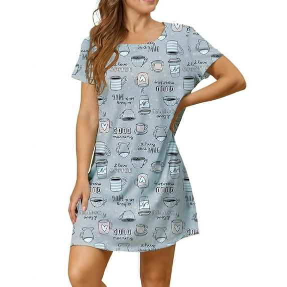 Mawalde Nightgowns for Women Short Sleeve Night Shirts Women Print Sleep Shirts Sleepwear Gray Coffee L