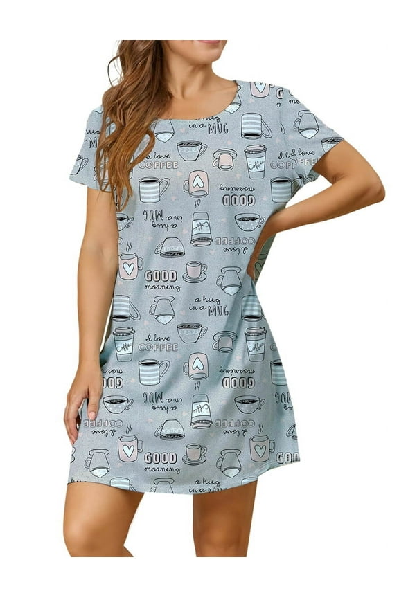 Deliqiba Nightgowns for Women Short Sleeve Night Shirts Women Print Sleep Shirts Sleepwear Gray Coffee L