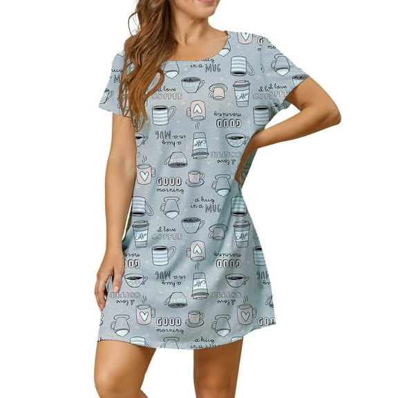 Gdvsclr Nightgowns for Women Short Sleeve Night Shirts Women Print Sleep Shirts Sleepwear Gray Coffee S