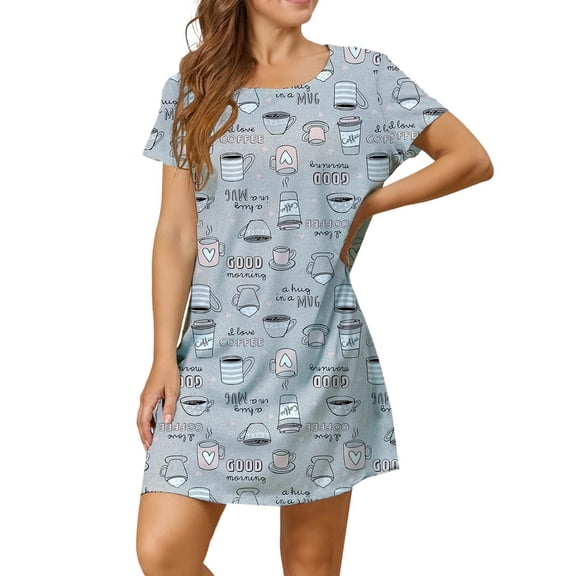 Nightgowns for Women Short Sleeve Night Shirts Print Sleep Sleepwear Gray Coffee XXL