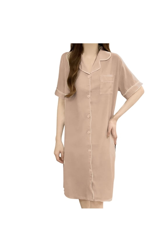 Nightgowns for Women Short Sleeve Sleepwear Button down Collared Nightshirts Sleep Shirts Pajama Dress