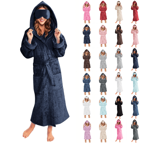 Nightgowns for Women Soft Fleece Hooded Shower Robe Winter Fluffy Warm Bathrobe with Pockets Eye Mask Cozy Loungewear Dark Blue XXL