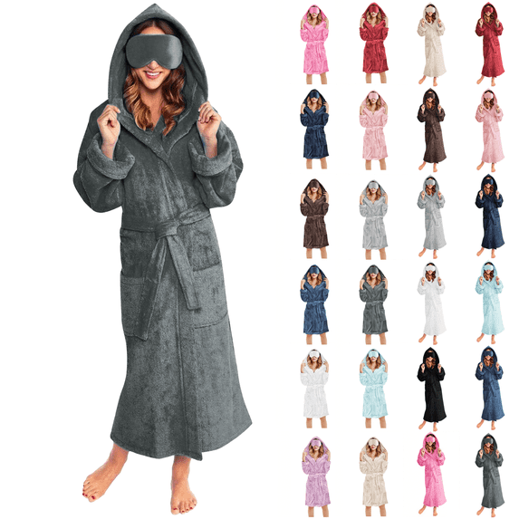 Nightgowns for Women Soft Fleece Hooded Shower Robe Winter Fluffy Warm Bathrobe with Pockets Eye Mask Cozy Loungewear Dark Gray S