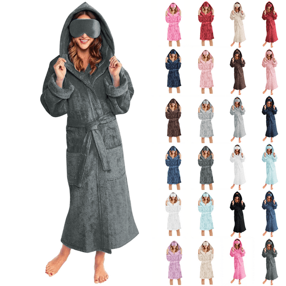 Nightgowns for Women Soft Fleece Hooded Shower Robe Winter Fluffy Warm Bathrobe with Pockets Eye Mask Cozy Loungewear Dark Gray XL