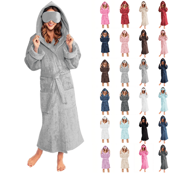 Nightgowns for Women Soft Fleece Hooded Shower Robe Winter Fluffy Warm Bathrobe with Pockets Eye Mask Cozy Loungewear Gray XXL