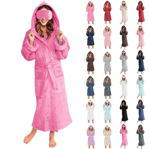 Nightgowns for Women Soft Fleece Hooded Shower Robe Winter Fluffy Warm Bathrobe with Pockets Eye Mask Cozy Loungewear Hot Pink XL