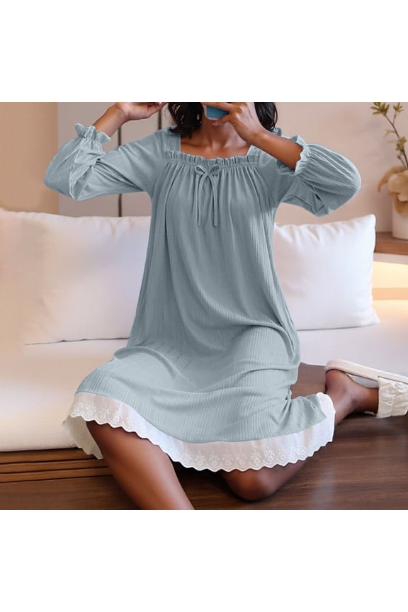 Nightgowns for Women Soft House Dress Long Sleeve Night Gowns Comfy Sleepwear Blue XXL