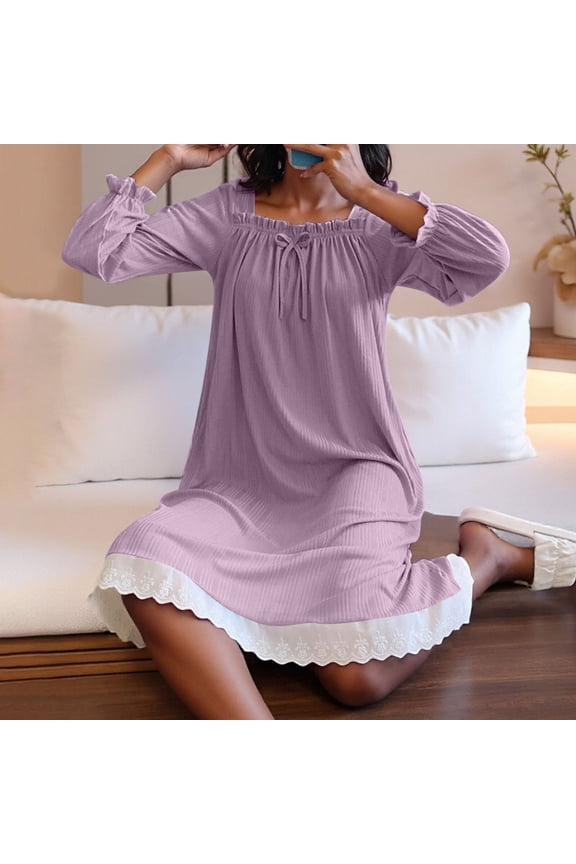 Nightgowns for Women Soft House Dress Long Sleeve Night Gowns Comfy Sleepwear Purple XXL