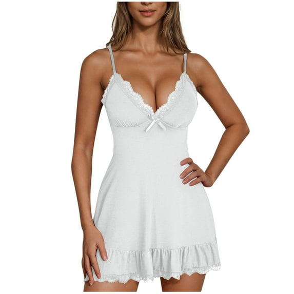 Nightgowns for Women Soft Pajama Dress Lace Trim Deep V Neck Spaghetti Strap Sleep A-line Mini Dresses (XL, White)