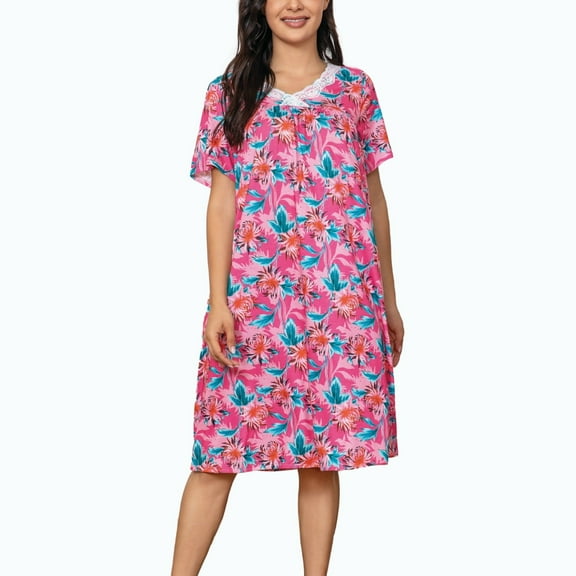 Nightgowns for Women Soft Sleep Dress Ladies Short Sleeve Sleepwear with Pockets