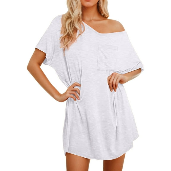 Nightgowns for Women Solid Color Sexy V Neck Short Sleeved Night Shirts Sleepwear Soft Comfy White M