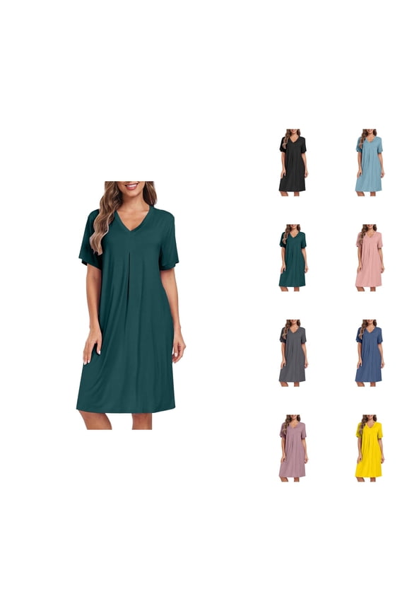 Nightgowns for Women Summer Lightweight Loose Fit Short Sleeve V Neck Sleep Shirts Pajama Dress Sleepwear