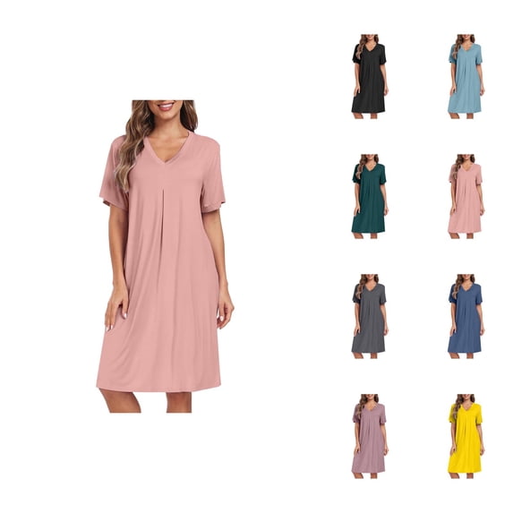 Nightgowns for Women Summer Lightweight Loose Fit Short Sleeve V Neck Sleep Shirts Pajama Dress Sleepwear