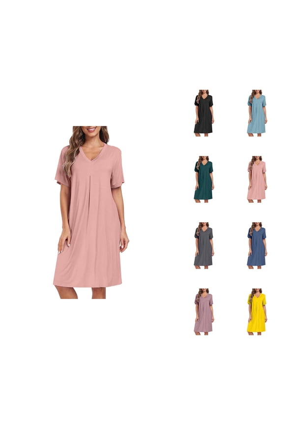 Nightgowns for Women Summer Lightweight Loose Fit Short Sleeve V Neck Sleep Shirts Pajama Dress Sleepwear