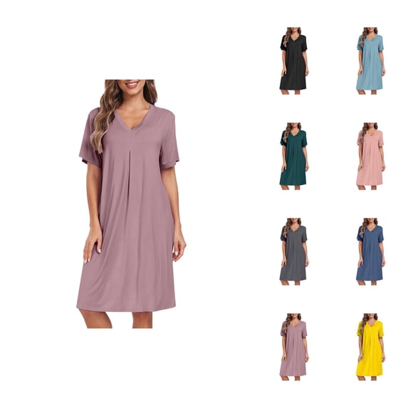 Nightgowns for Women Summer Lightweight Loose Fit Short Sleeve V Neck Sleep Shirts Pajama Dress Sleepwear