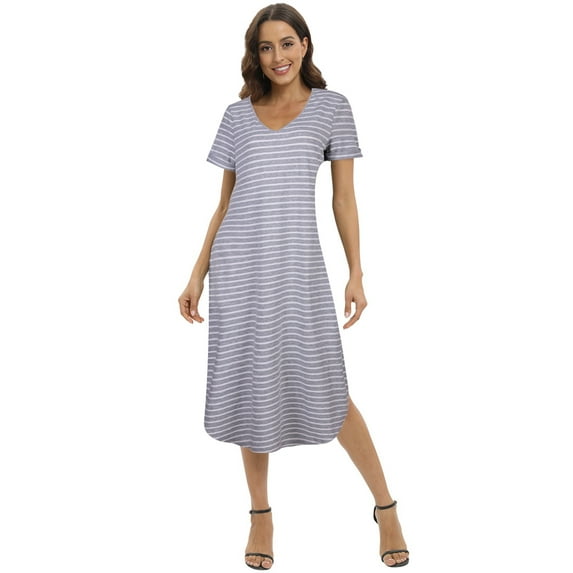 Nightgowns for Women V Neck Nightshirts Short Sleeve Soft Sleepwear Side Split With Pockets Long Nightdress Plus Size S-3XL