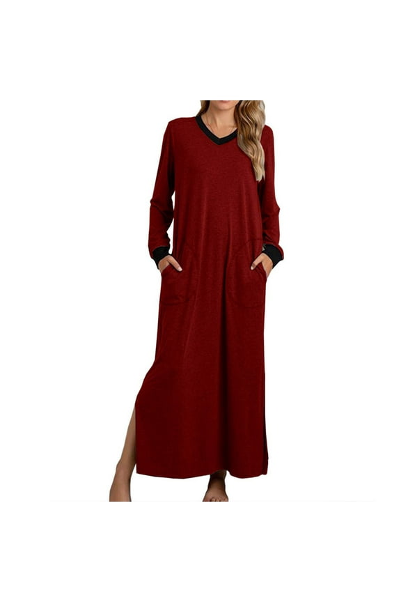 Nightgowns for Women V Neck Soft Cotton Blend Long Sleeve Side Split Full Length Sleepwear Pockets Nightdress