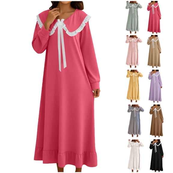 Nightgowns for Women Winter Casual Thick Warm Flannel Long Loose Nightdress Plus Size Pajams Hot Pink XXXXL