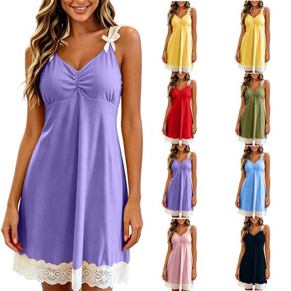 Nightgowns for Women Zaewscy Lady's At-home Lace Bowline Sleeveless Short Home Dress Purple XL