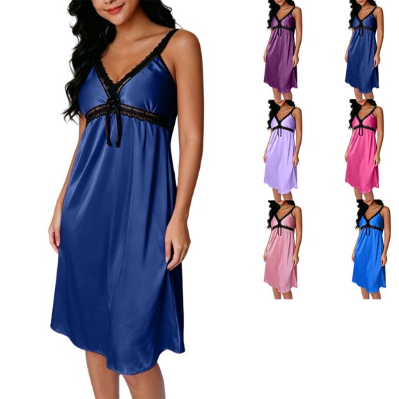 Nightgowns for Women Zaewscy Women's Home-use Summer Lightweight Lace-embroidered V-neck Short Nightgown Navy Free Size