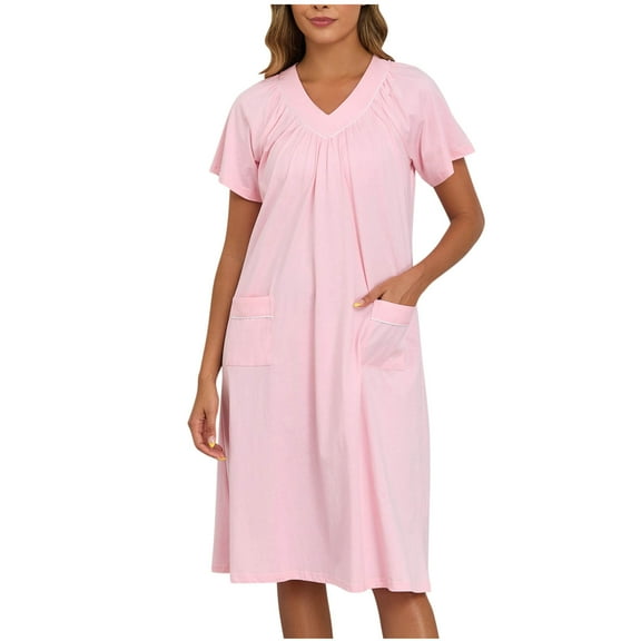 Nightgowns for Women with Pockets Short Sleeve House Dress Pleated V Neck Lounge Dresses Comfy Sleepwear