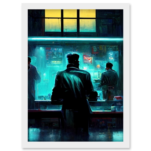 Nighthawks Style Futuristic Cyber Noir Bar Artwork Framed Wall Art Print A4