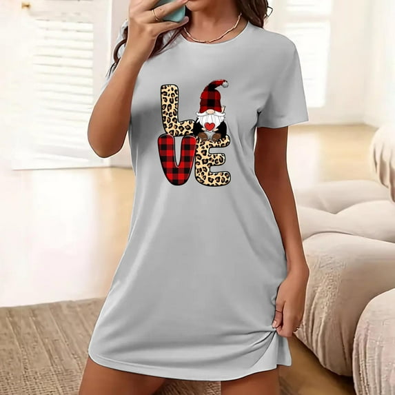 Nighties for Women Cotton Nightdress Sleep Tee Short Sleeves Print Nightshirt Soft Sleepwear Loungewear Gray XXL