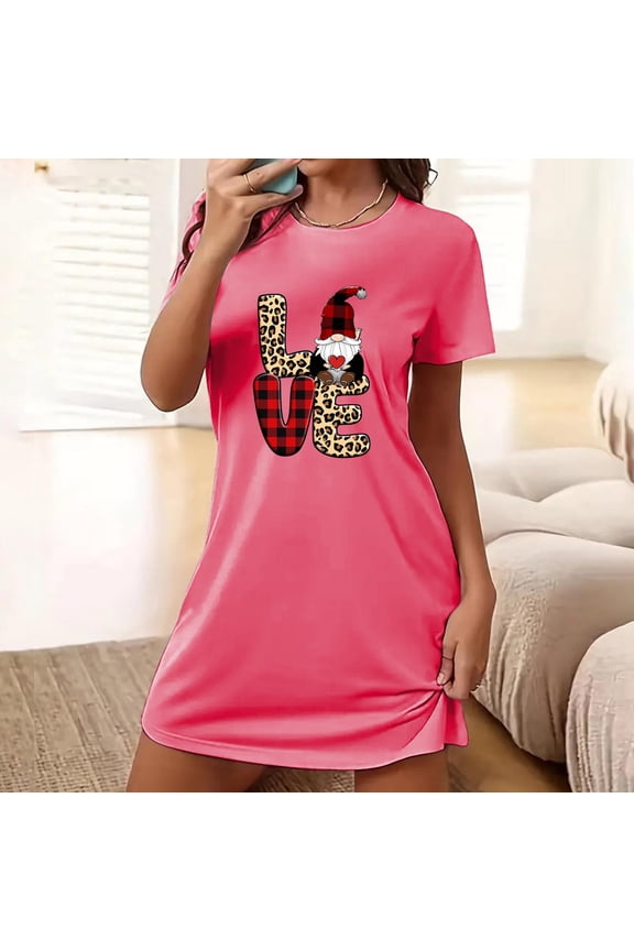 Nighties for Women Cotton Nightdress Sleep Tee Short Sleeves Print Nightshirt Soft Sleepwear Loungewear Hot Pink M