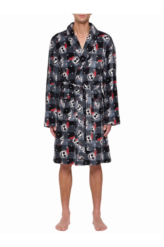 Disney Nightmare Before Christmas Checkered Men's Plush Robe with Belt and Pockets