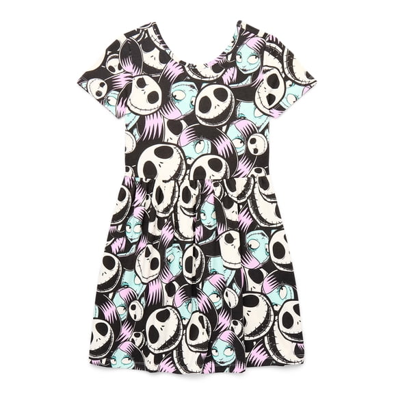 The Nightmare Before Christmas Girls Allover Print Dress with Short Sleeves, Sizes 4-12