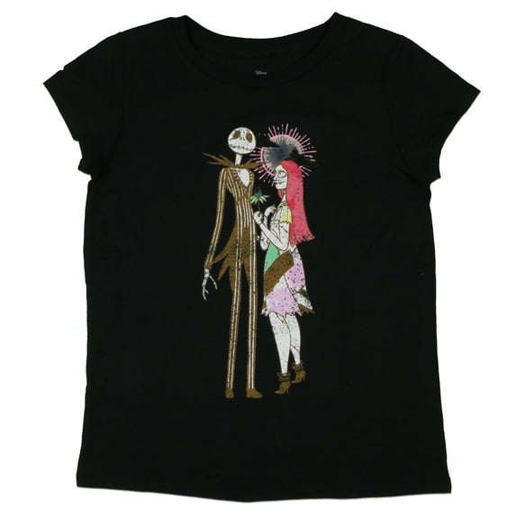 Nightmare Before Christmas Girls' Jack and Sally Distressed Graphic Print Kids T-Shirt