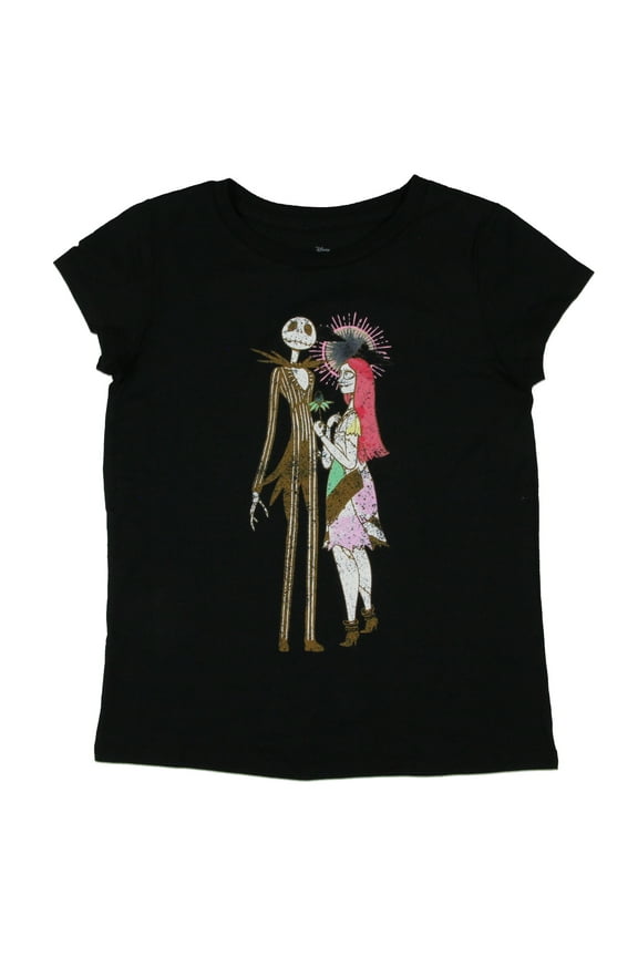 Nightmare Before Christmas Girls' Jack and Sally Distressed Graphic Print Kids T-Shirt
