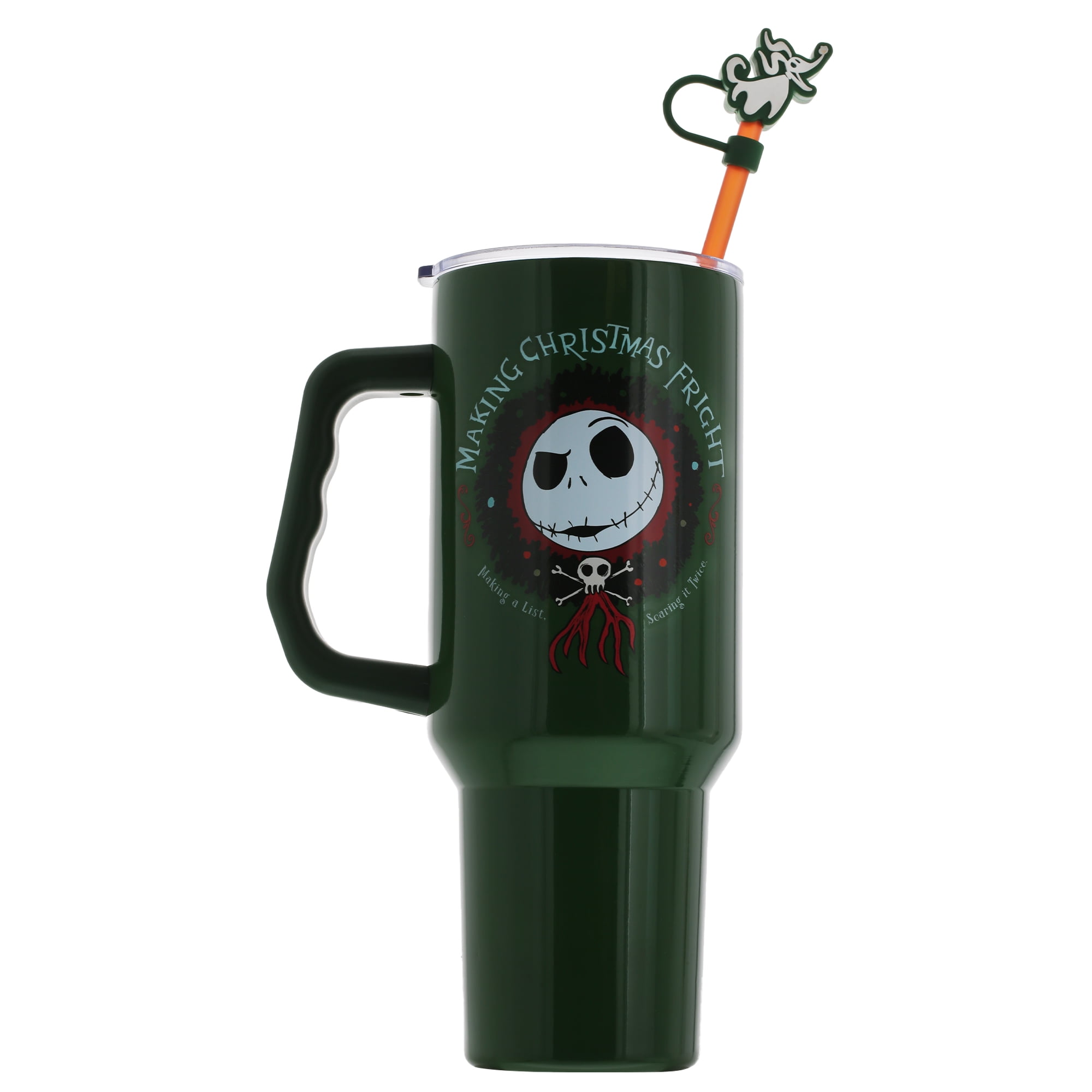 Nightmare Before Christmas Holiday Fright Wreath Tumbler With Handle, Straw Cover Cap, Lid and Straw, Stainless Steel, 40 oz
