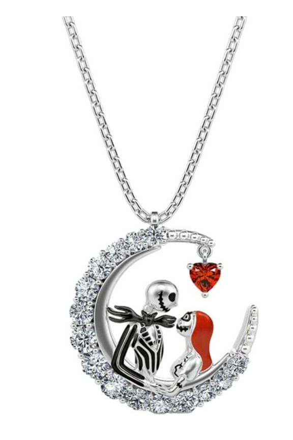 Nightmare Before Christmas Jack And Sally Hanging Heart Metal Pendant Necklace