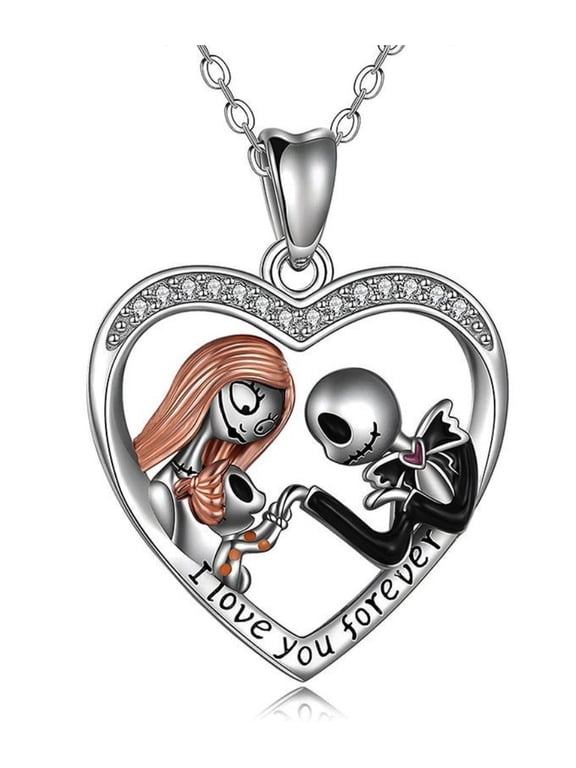 Nightmare Before Christmas Jack And Sally Love Forever Heart Pendant Necklace