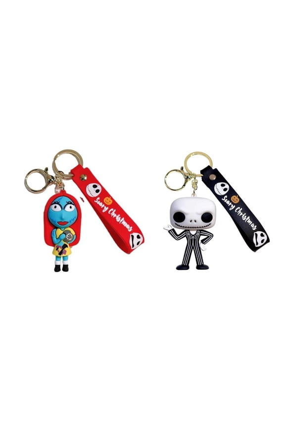 Nightmare Before Christmas Jack Sally Rubber 3D Charm Keychain Keyring Set of 2