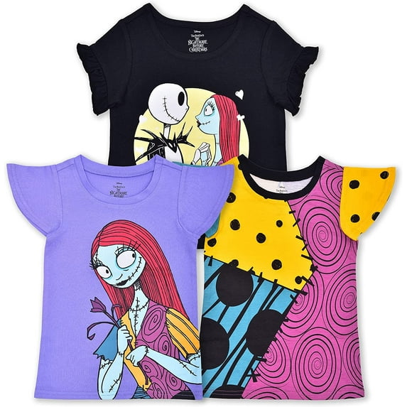 Nightmare Before Christmas Jack Skellington and Sally Girls 3 Pack Character Short Sleeve Tees, 8-20